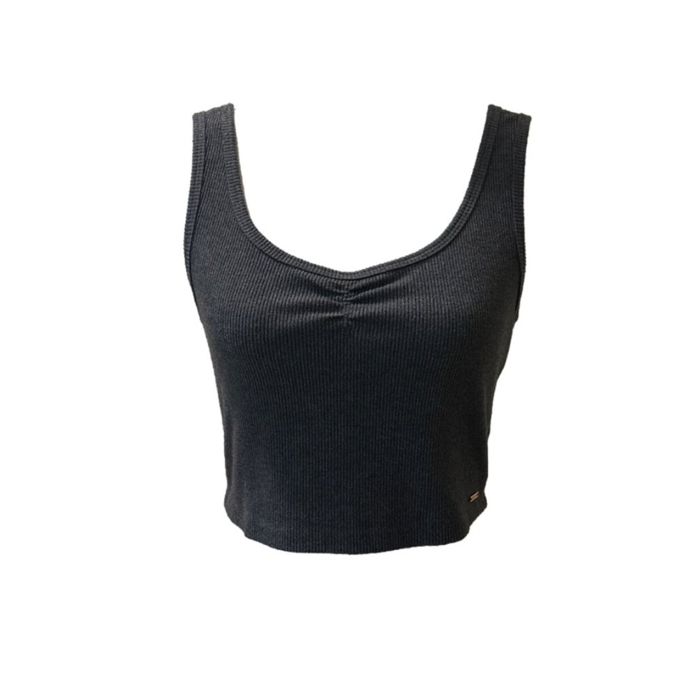 Volcom Gray Ribbed Sleeveless Skater Beach Ruched Detail Crop Tank Top Small S - Picture 1 of 7